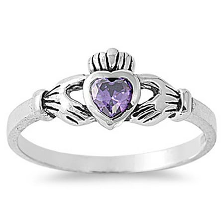 CHOOSE YOUR COLOR Sterling Silver Claddagh Ring Simulated Amethyst Traditional Irish Knot