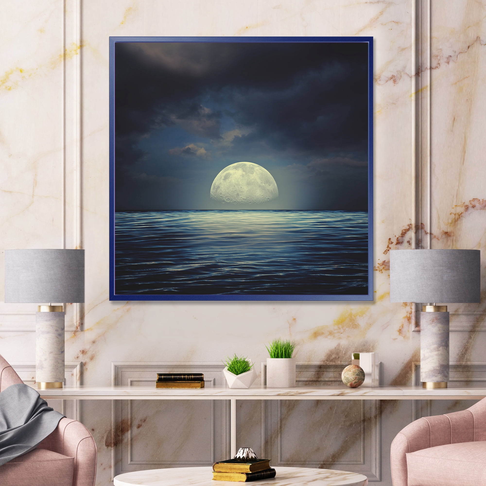 Designart 'Super Moon Over The Blue Sea' Nautical & Coastal Framed Canvas Wall Art Print