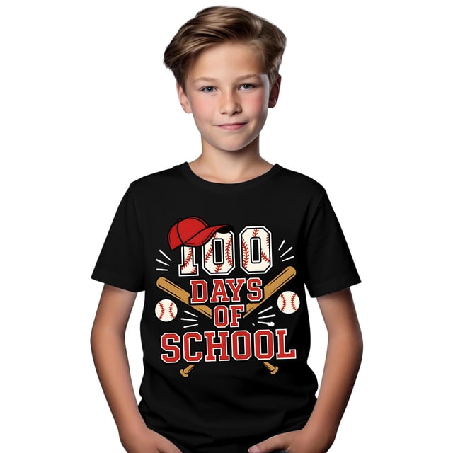 Coerni Garçons 100 Jours d'École T-Shirt à Imprimé Graphique de Baseball Été Décontracté Col Rond Manches Courtes T-Shirts T-Shirts de Célébration Scolaire pour Enfants