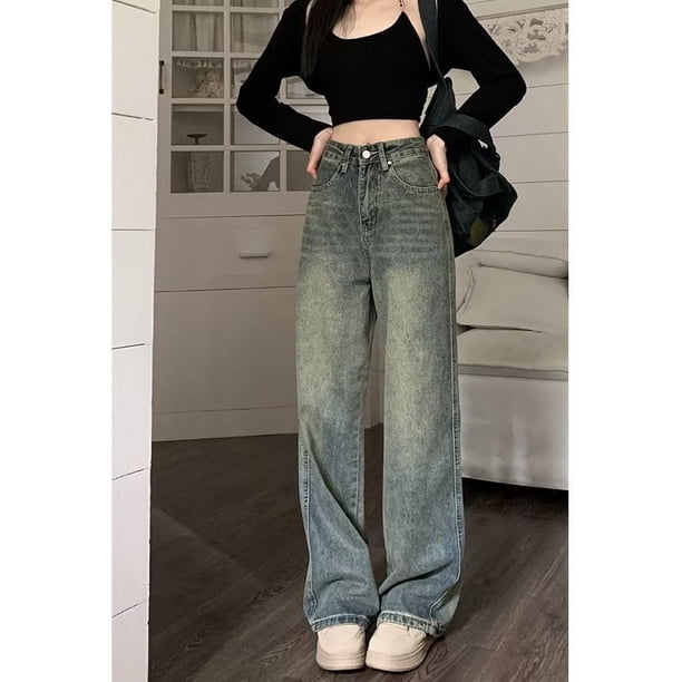 Pantalones vaqueros de estilo Y2K para mujer, Jeans azules sueltos de calle alta con patas anchas, Pantalones rectos de cintura alta, Retro