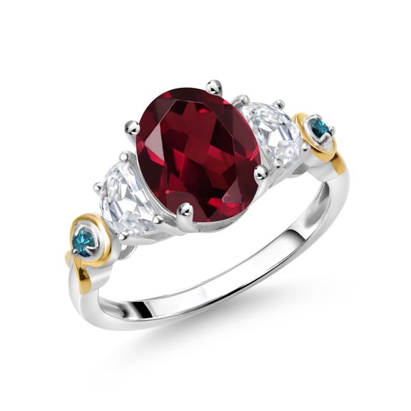 Gem Stone King 925 Silver and 10K Yellow Gold 3-Stone Ring Oval Red Rhodolite Garnet and Moissanite (2.51 Cttw, Size 7)