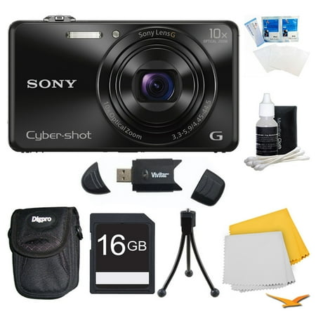 Sony DSC-WX220/B DSCWX220 WX220 WX220B DSC-WX220 Black Digital Camera Bundle - Includes Camera, 16GB SDHC/SDXC Memory Card, Carrying Case, SD USB 2.0 Card Reader, Flexible Mini Table-top Tripod