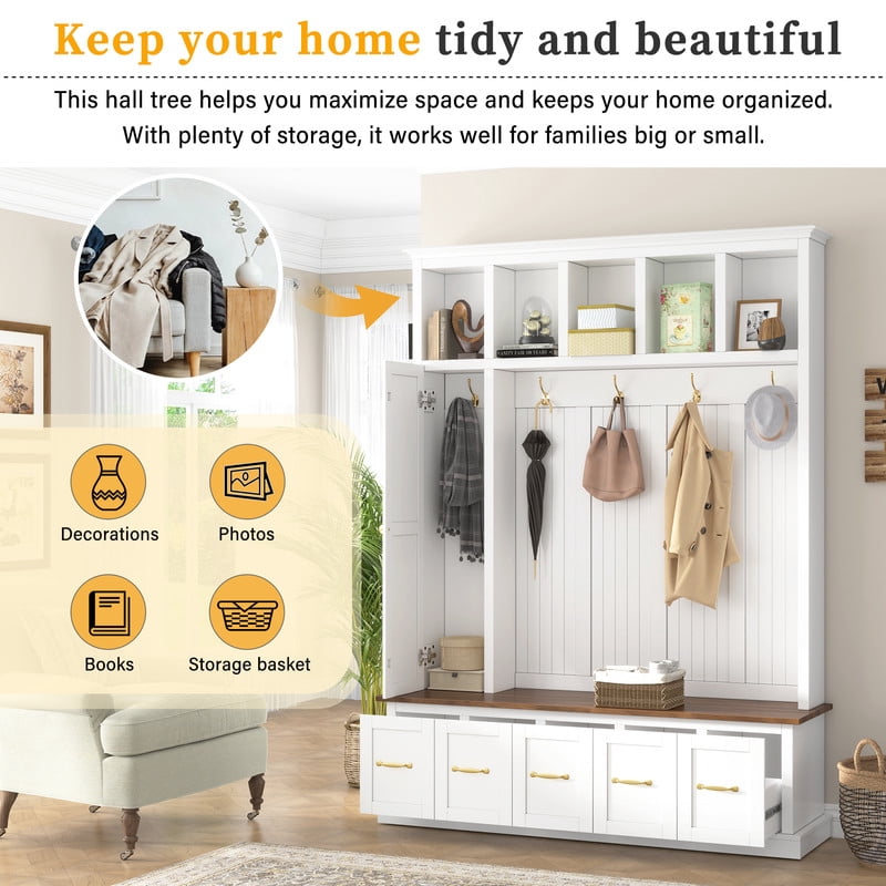 Farmhouse Hall Tree with Open Cubbies, Entryway Coat Rack with Hooks, Multi-Functional Mudroom Organizer with Storage Drawers for Shoes, Bags and Accessories