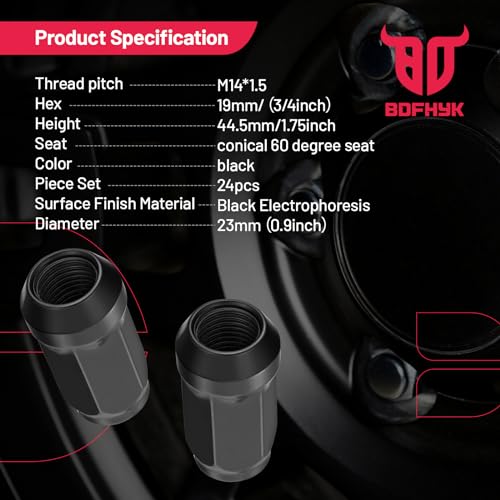 SPBTAR 14mmx1.5 Wheel Lug Nuts,24pcs Black M14x1.5 Lug Nuts Closed End Cone Seat Bulge Acorn Lug Nuts 3/4 inch 19mm Hex 1.75 inch 44.5mm Tall Compatible with Chevy Silverado 1500 Express 1500