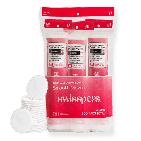 Swisspers 100% Ultra-Luxe Cotton Rounds, Soft & Strong, Lint-Free, 100% Pure Chlorine-Free Premium Cotton, Makeup Removal Rounds, Perfect for Skincare Routines, 300 Count