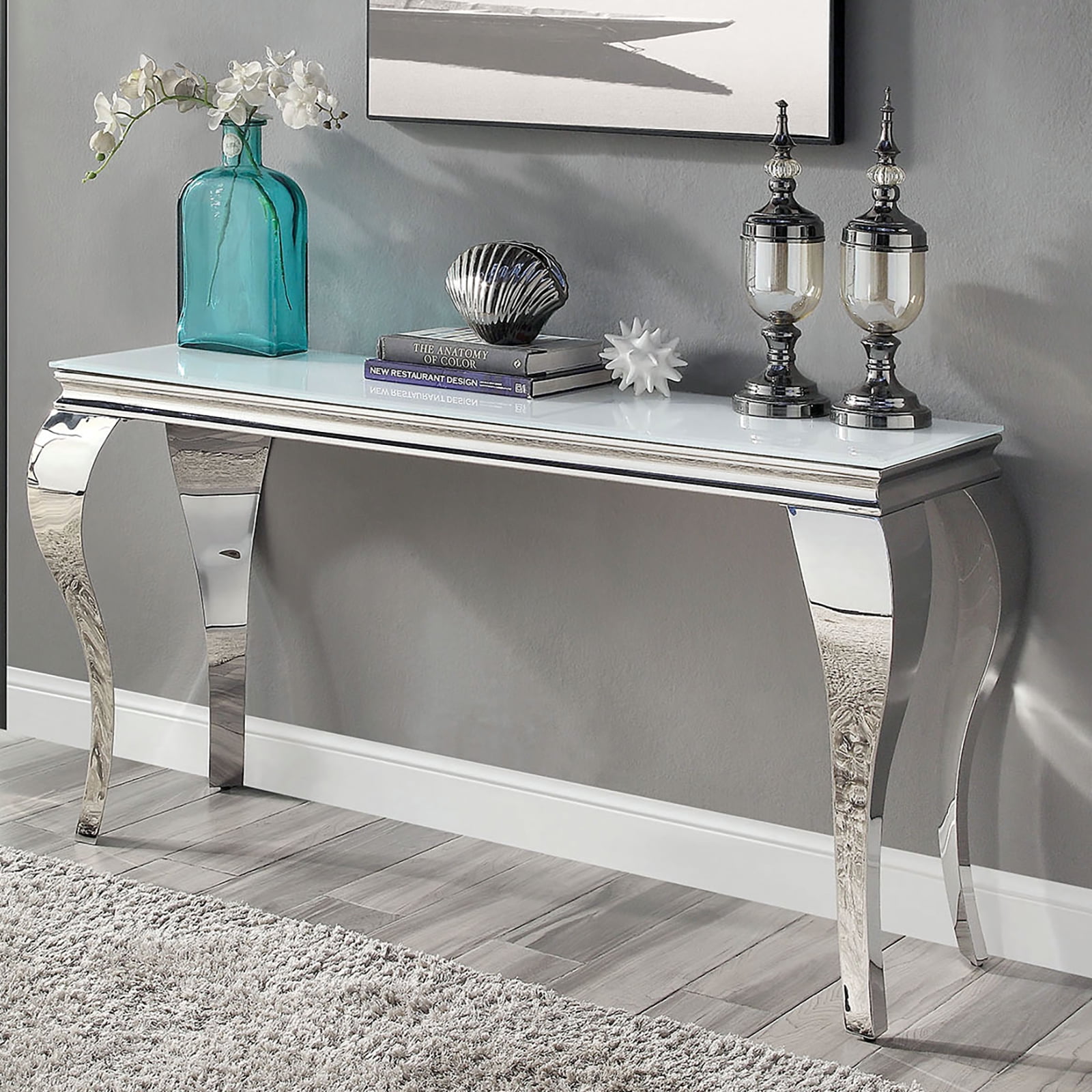 Console Table with White Beveled Tempered Glass Top and Silver Stainless Steel Cabriole-Style Legs, Contemporary Glam Rectangular Sofa Table for Living Room, 55"L x 16"W x 30"H