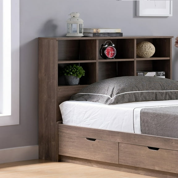 Full Bookcase Headboard In Hazelnut, Six Shelves Including Three Adjustable, Rounded Corners Design Hazelnut Headboard, With Adjustable And Front