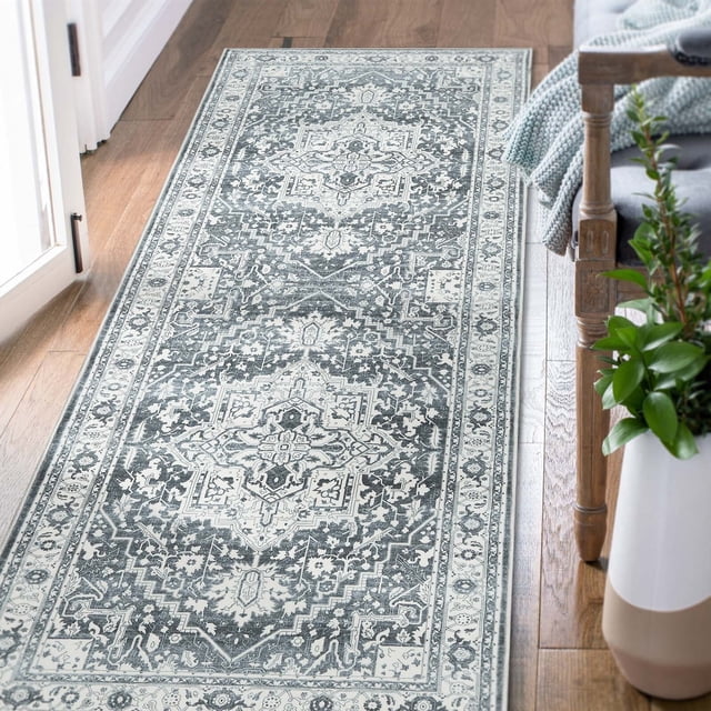 Rugking Persian Runner Rug 2x7 Hallway Indoor Vintage Rug Floral Medallion with Rubber Backing Carpet Thin Rug for Bathroom Kitchen Living Room Grey