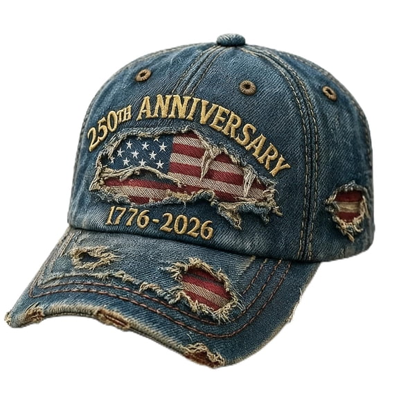 250th US Anniversary Distressed Denim Hat 17762026 Embroidered Patriotic Baseball Cap, Adjustable Metal Buckle