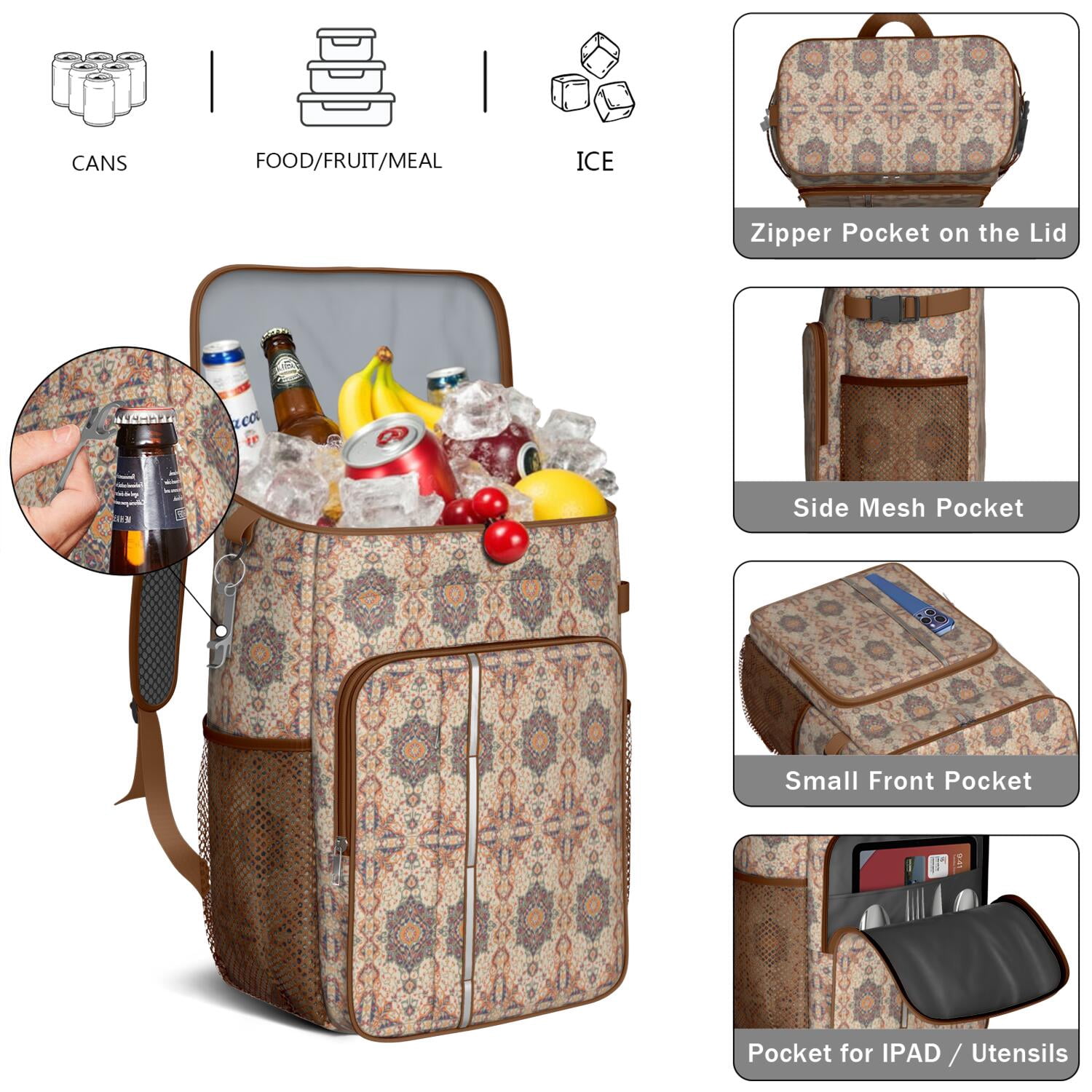 Travel Cooler Bag - Boho Bohemia Flower Camping Beer Cooler Backpack with Bottle Opener- Waterproof Insulated Picnic Backpacks - Cooler Bag for Beach