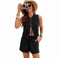 thumbnail image 2 of Women Tie Front Top 2 Piece Outfit Denim Set Sleeveless Deep V Neck Vest Jean Elastic Waist Shorts Sets Black & Gray L, 2 of 9
