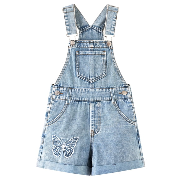 KIDSCOOL SPACE Toddler Girls Versatile Shortalls,Butterfly Embroidered Light Wash Denim Jumpsuit Shorts, Light Blue,2-3 Years