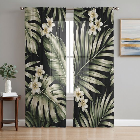 Tropical Sheer Curtains 72 Inch Length 2 Panels Set, Summer Monstera Palm Leaf Flowers Rustic Green Voile Window Treatment Rod Pocket Curtains Sheers Drapes for Bedroom/Living Room/Kitchen 52"x72"x2