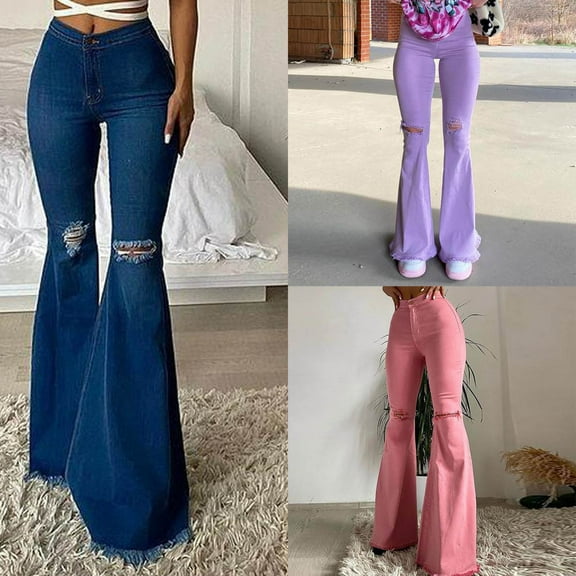 ZZwxWA Womens Flare Jeans Elastic Ripped Bell Bottom Jeans Raw Hem Wide Leg Denim Pants Fashion Ladies Teen Street Clothing
