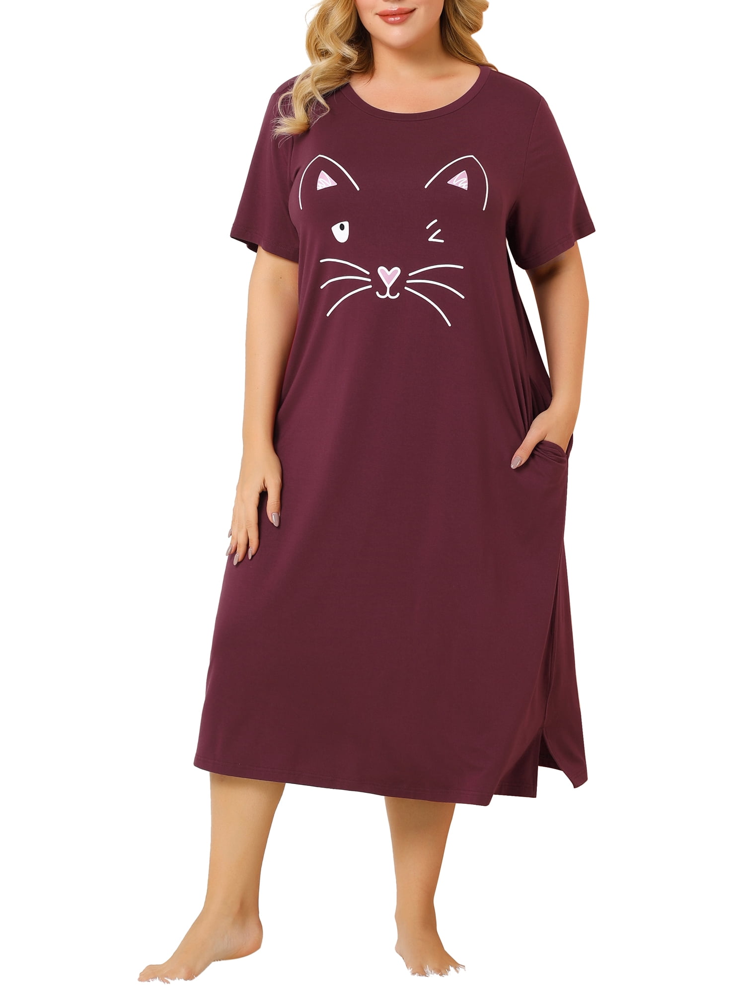 Unique Bargains Women's Plus Nightgown Short Sleeve Cat Print Nightshirt