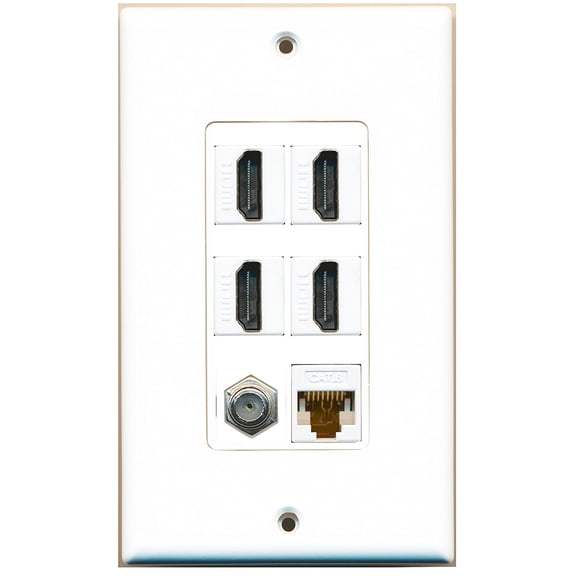 RiteAV - 4 Port HDMI 1 Coax Cable TV- F-Type 1 Cat6 Ethernet White Wall Plate Decorative