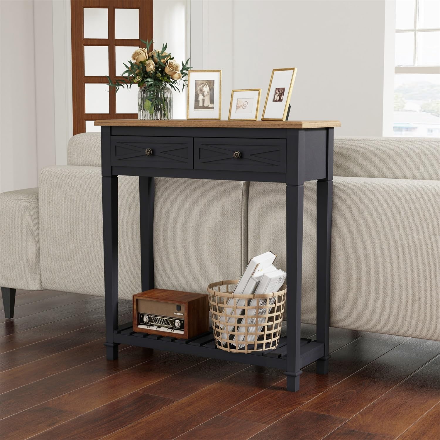 Narrow Entryway Table - Console Table with 2 Drawers, Wood Sofa Table with Storage Shelf, Couch Table Behind Sofa, Farmhouse Entryway Table for Hallway Entryway Living Room, Black