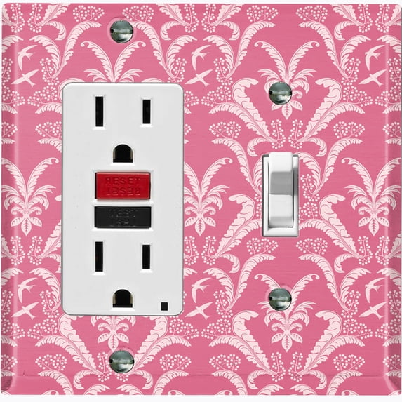 Metal Light Switch Plate Outlet Cover (Victorian Damask Flower Feather Red Pattern - Single Rocker Single Toggle)