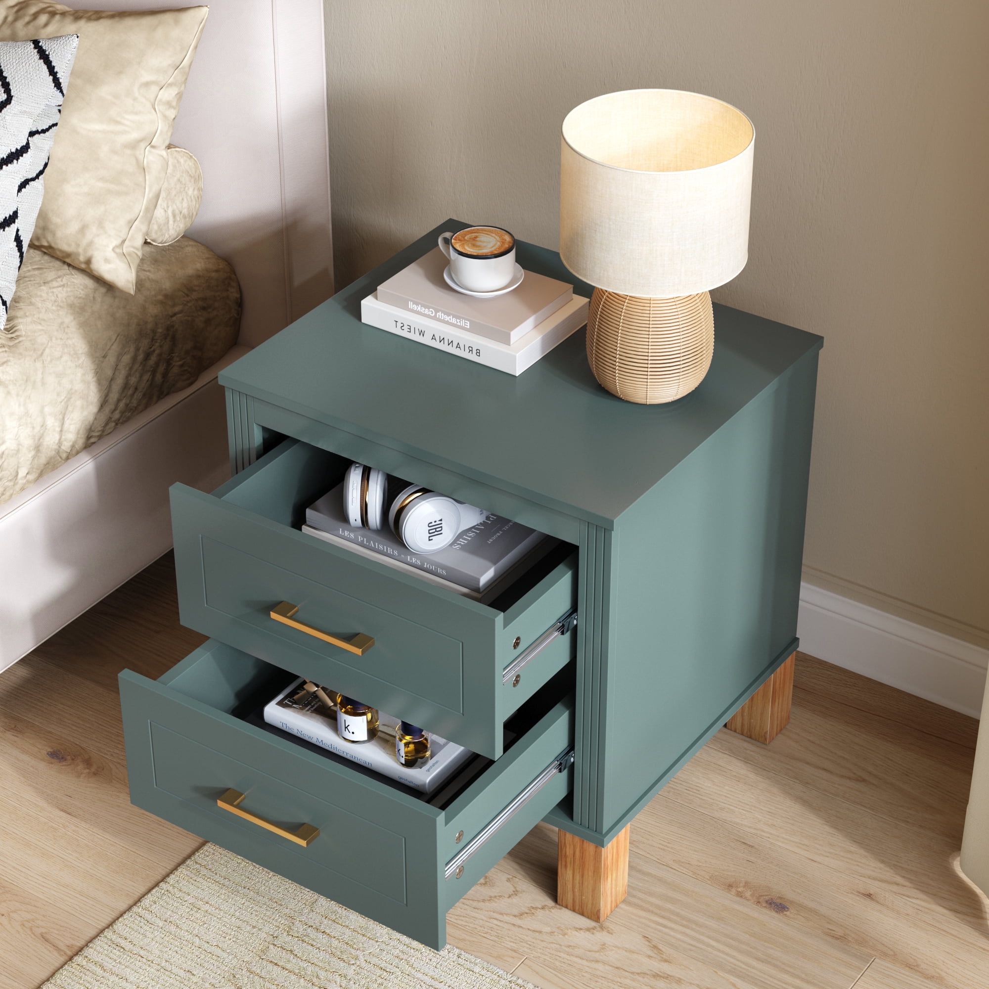 2 Drawer Nightstand, Fluted Design Bedside Table with Solid Wood Legs & Metal Handles, MDF Frame Storage Cabinet, Tall End Table for Bedroom Living Room