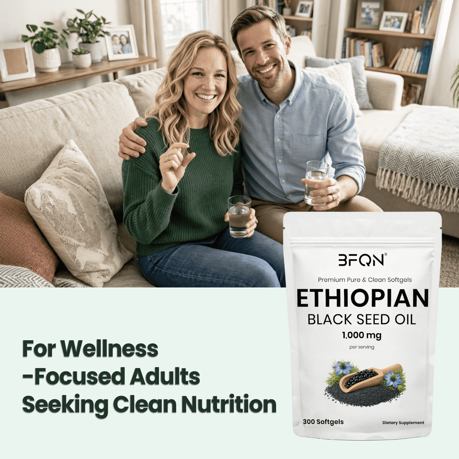 BFQN  Ethiopian Black Seed Oil Softgels – 300 Softgels with 1000mg Cold-Pressed Nigella Sativa, Non-GMO, Skin Health Support