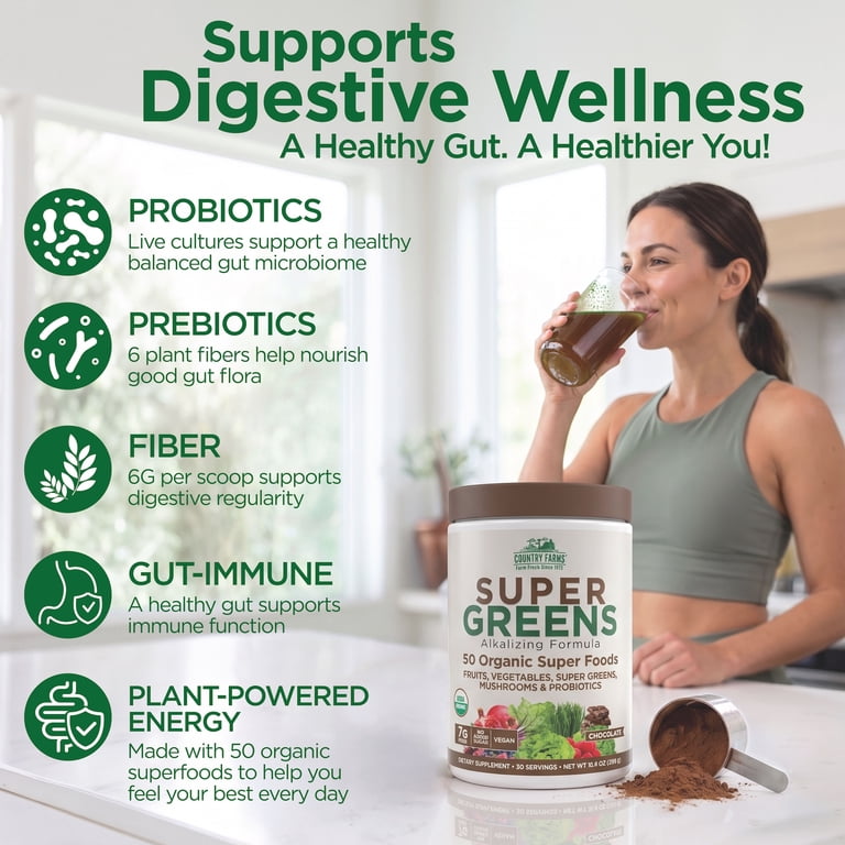 Country Farms, Super Greens Drink Mix, Organic, Chocolate, 10.6 oz
