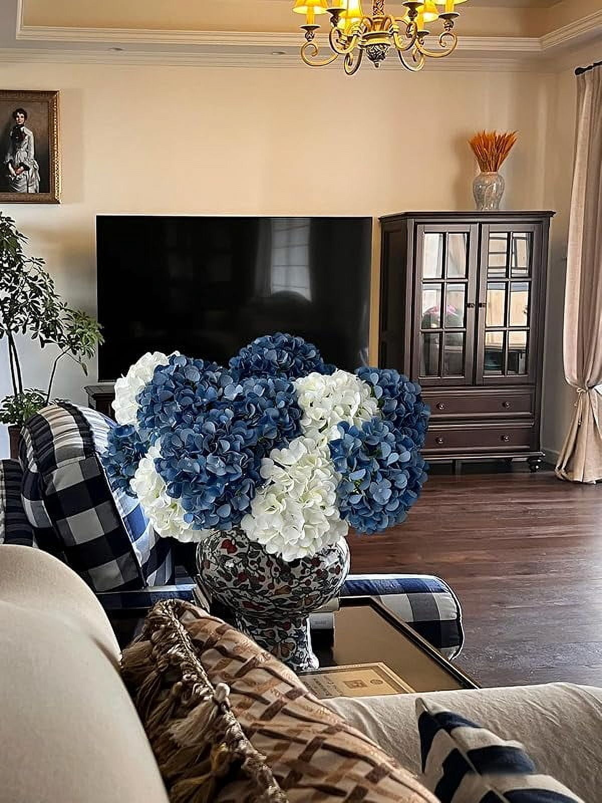 ZYTUYO 5 Pcs Dark Blue Silk Hydrangeas Artificial Flower Boho Dried Touch 20'' Faux for Fall Indoor Home Decor Kitchen Living Room Outdoor Porch Wedding Arrangement