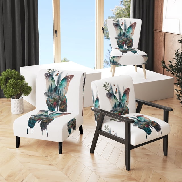 Designart "Butterfly in Natural Harmony II" Blue Abstract Upholstered Accent Chair - Modern Arm Chair For Bedroom