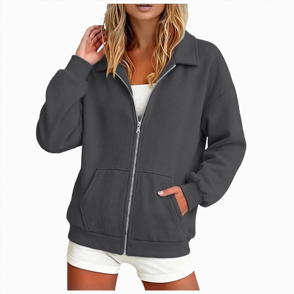 vigerkar Full Zip Up Sweatshirt Women No Hood Oversized Loose Casual Long Sleeve Collared Jacket 2026 Winter Clothes (Dark Gray, M)