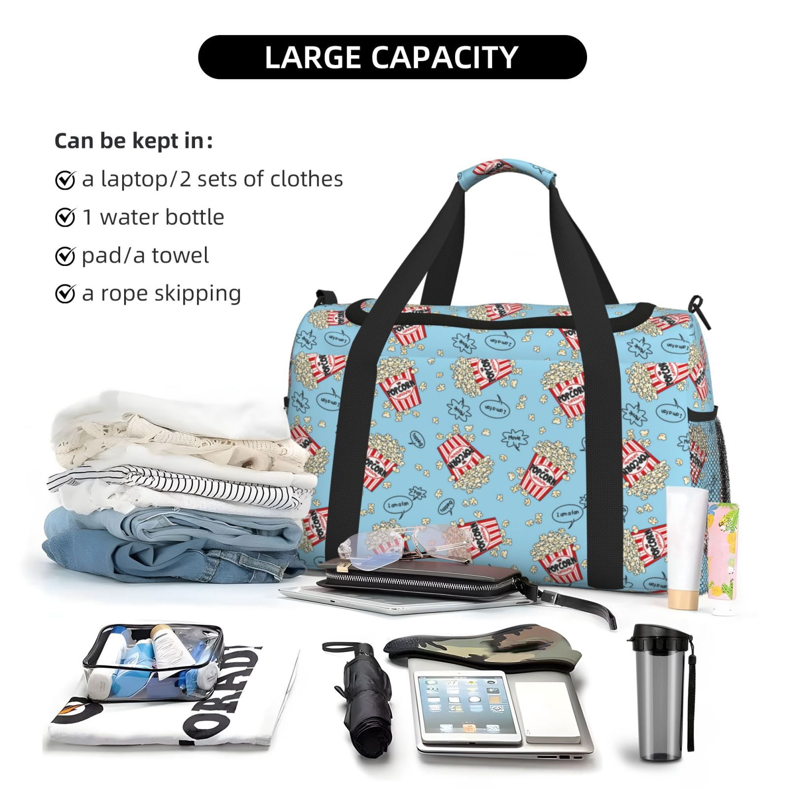 Fuzoiu I Am A Fan Popcorn Print Travel Duffle Bag,Carry On Tote Bags,Duffel Bag,Sport Gym Bag, Hospital Bag for Labor and Delivery, Overnight Bag,Luggage Bag