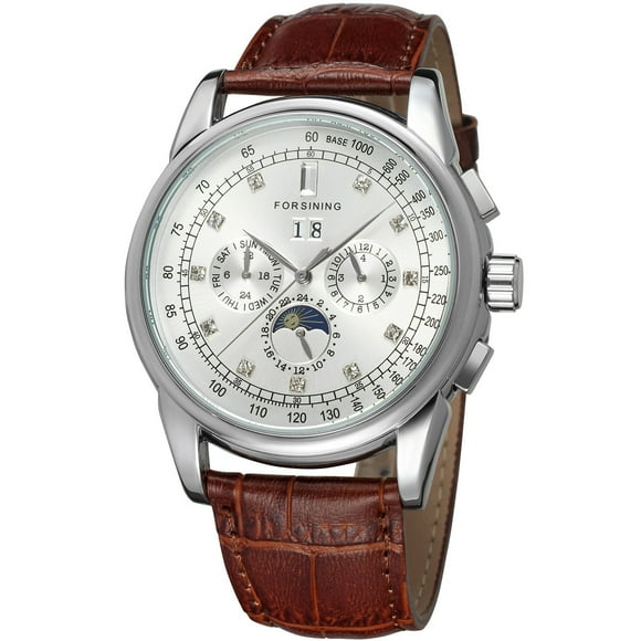 FORSINING Men's Fantastic Automatic Luxury Brand Brown Genuine Leather Strap Analog Moon Phase Watch
