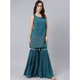 thumbnail image 6 of Janasya Indian Women's Teal Georgette Embossed Gold Print Top with Gharara and Dupatta, 6 of 10
