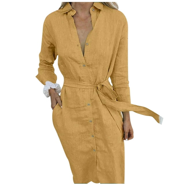 Womens Dress Shoes Womens Spring and Autumn Casual V-Neck Lapel Solid Color Button Lace-Up Long Shirt Dress Womens Shirt Dress Casual Dress Shoes Long Shirt Dress
