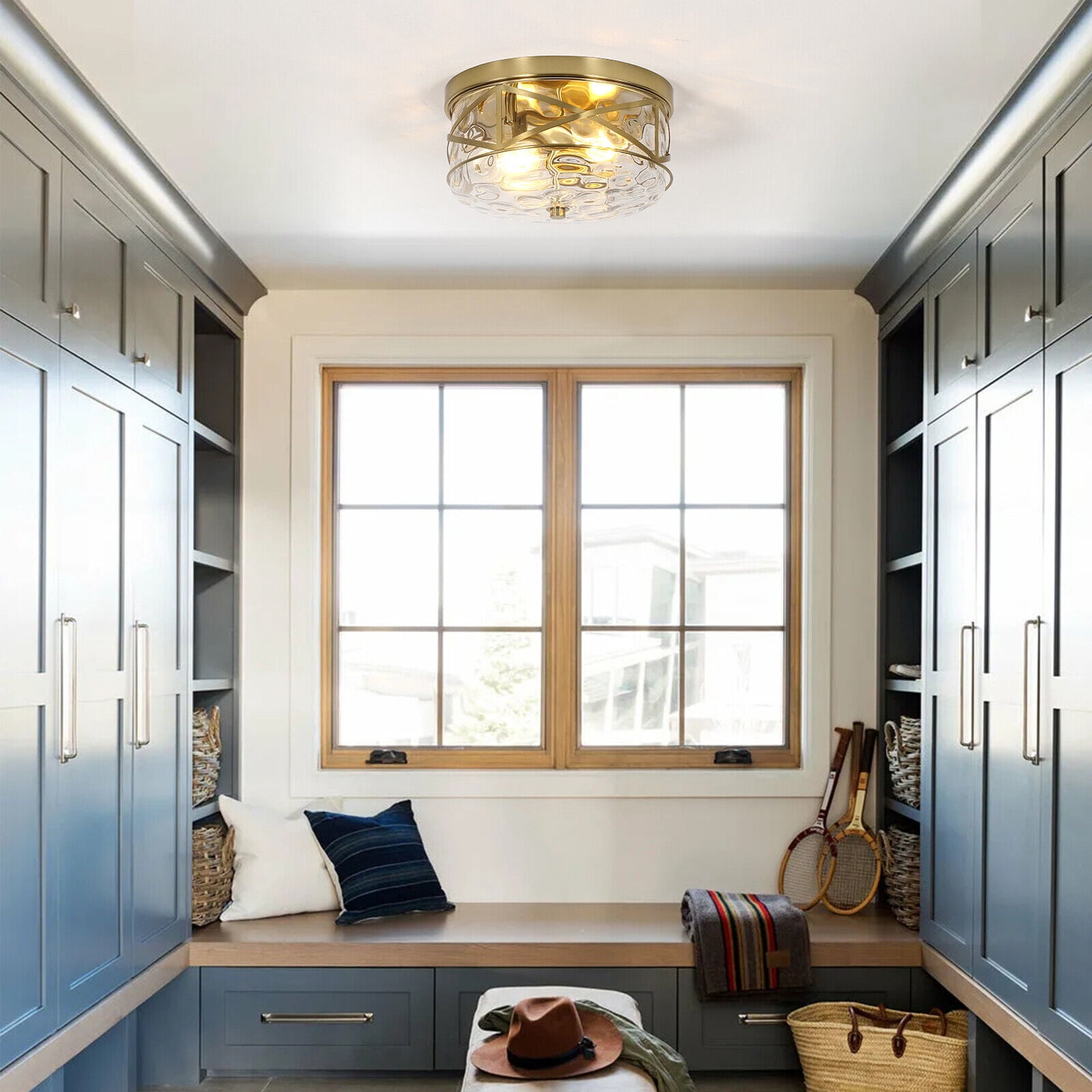 Modern Small Flush Mount Ceiling Light With Clear Hammered Glass Brushed Light Fixtures 2-Lights Farmhouse Ceiling Light Antique Ceiling Light for Kitchen Dining Room Hallway 11.8"D
