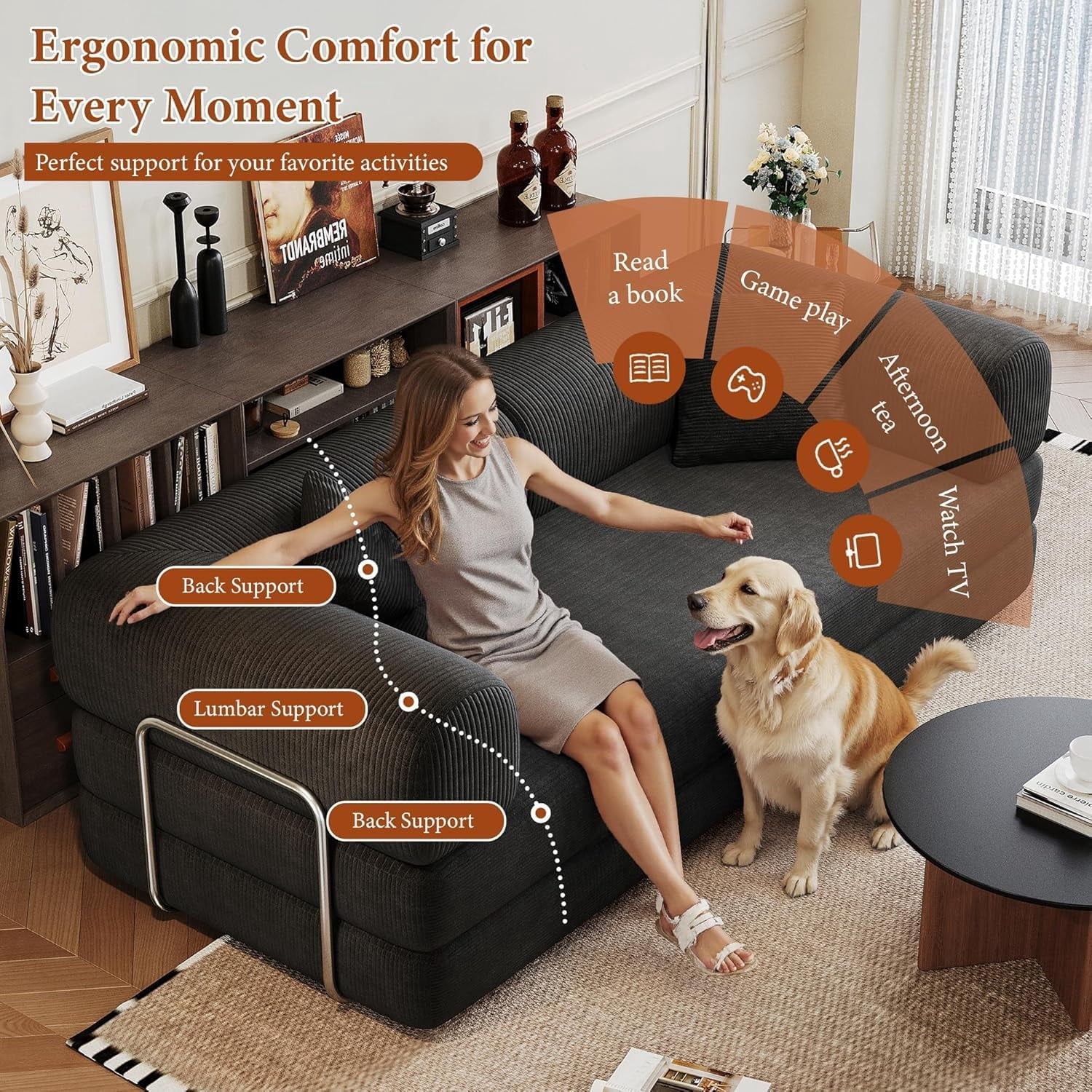 avobird 78" Convertible Sofa Bed, 5-in-1 Corduroy Futon Pull Out Couch, No Assembly Boneless Sleeper Sofa for Living Room & Bedroom, Black