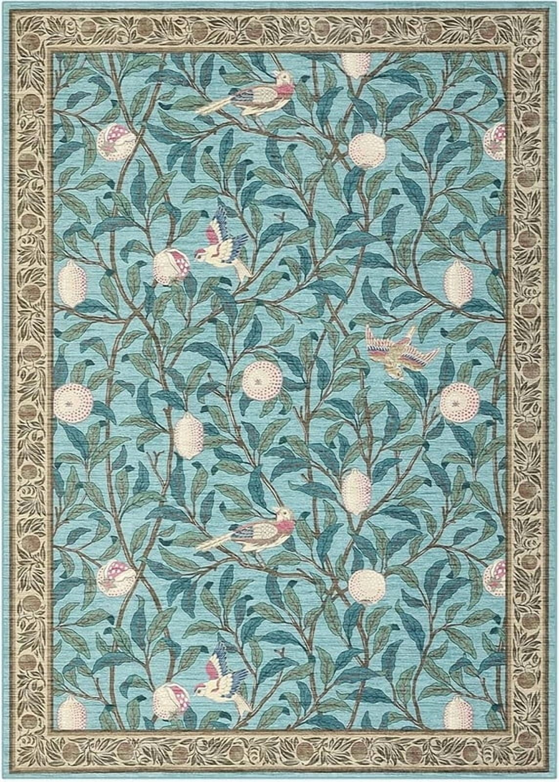 9x12 Botanical Print Washable Rugs Ultra Thin Non Slip Large Area Rug for Bedroom Living Room Ultra Thin Lightweight Cute Throw Carpet for Dining Room Table Classroom Playroom, Light blue