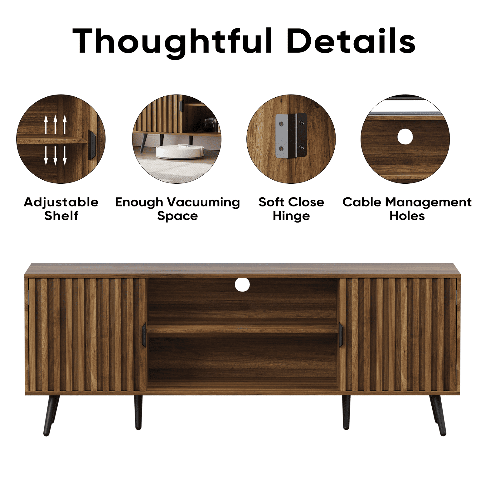 Smuxee Mid-century Fluted TV Stand for 65 Inch TV, Walnut