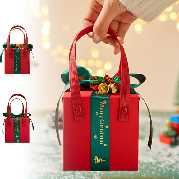 Titcea Christmas Gift Boxes for Presents, 4x4x4 Inches Ribbons Designs Square Wrapping Gift Box with Handles for Xmas, Party, Holiday