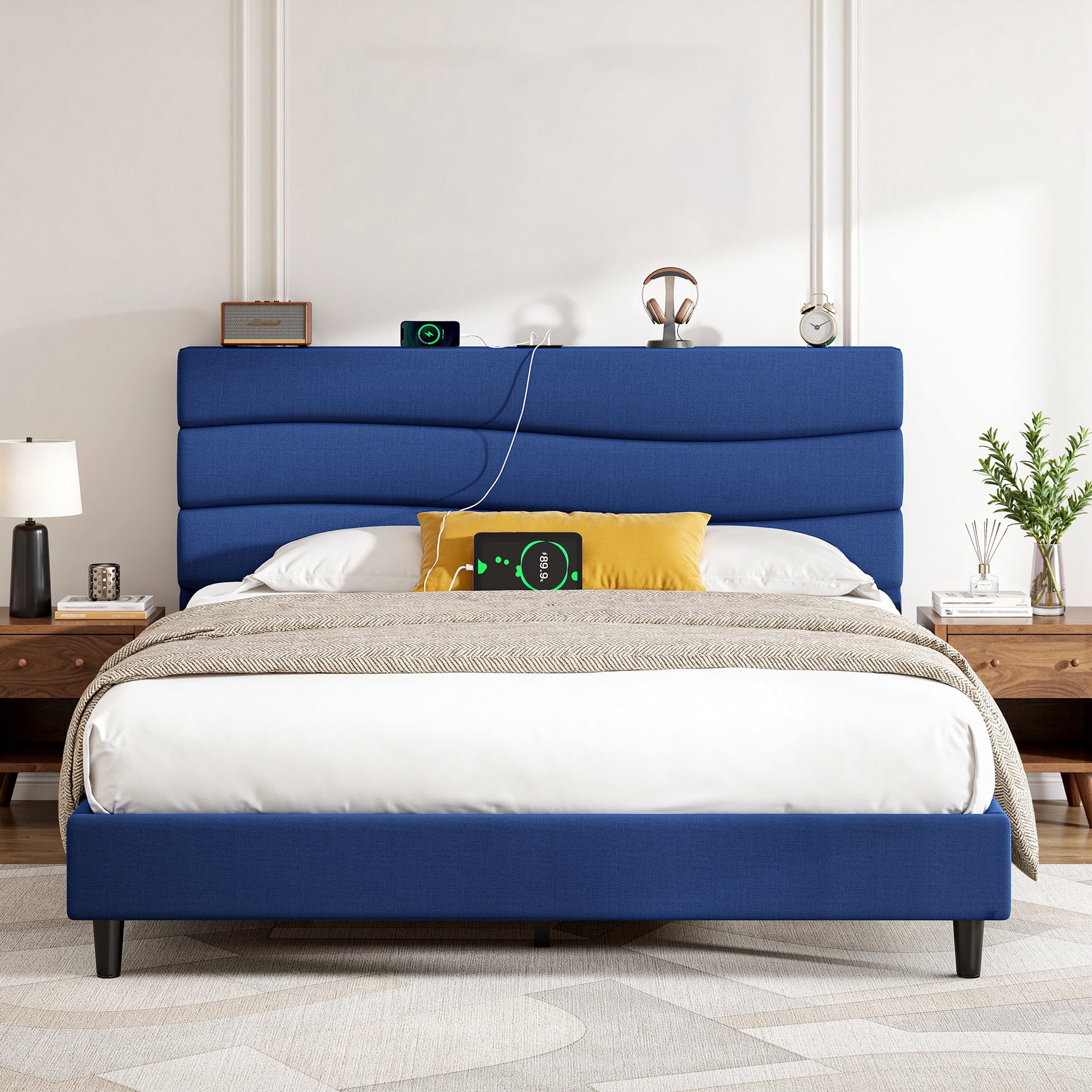 EnHomee Upholstered Bed Frame with Adjustable Headboard Queen Size Bed Frame with Charge Station & Storage, Navy Blue, No Box Spring Needed, Noise Free