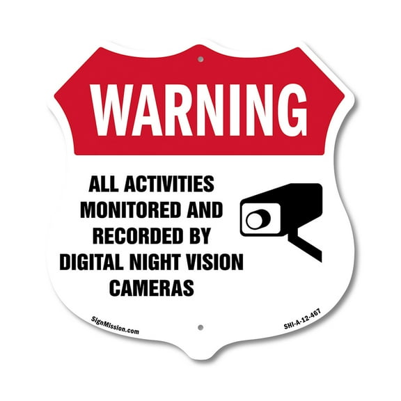 Video Surveillance Shield Label Set Warning All Activities Monitored And Recorded By Digital Night Vision Cameras 12 inch X 12 inch Shield-Shaped Rust-Free Aluminum Metal Sign