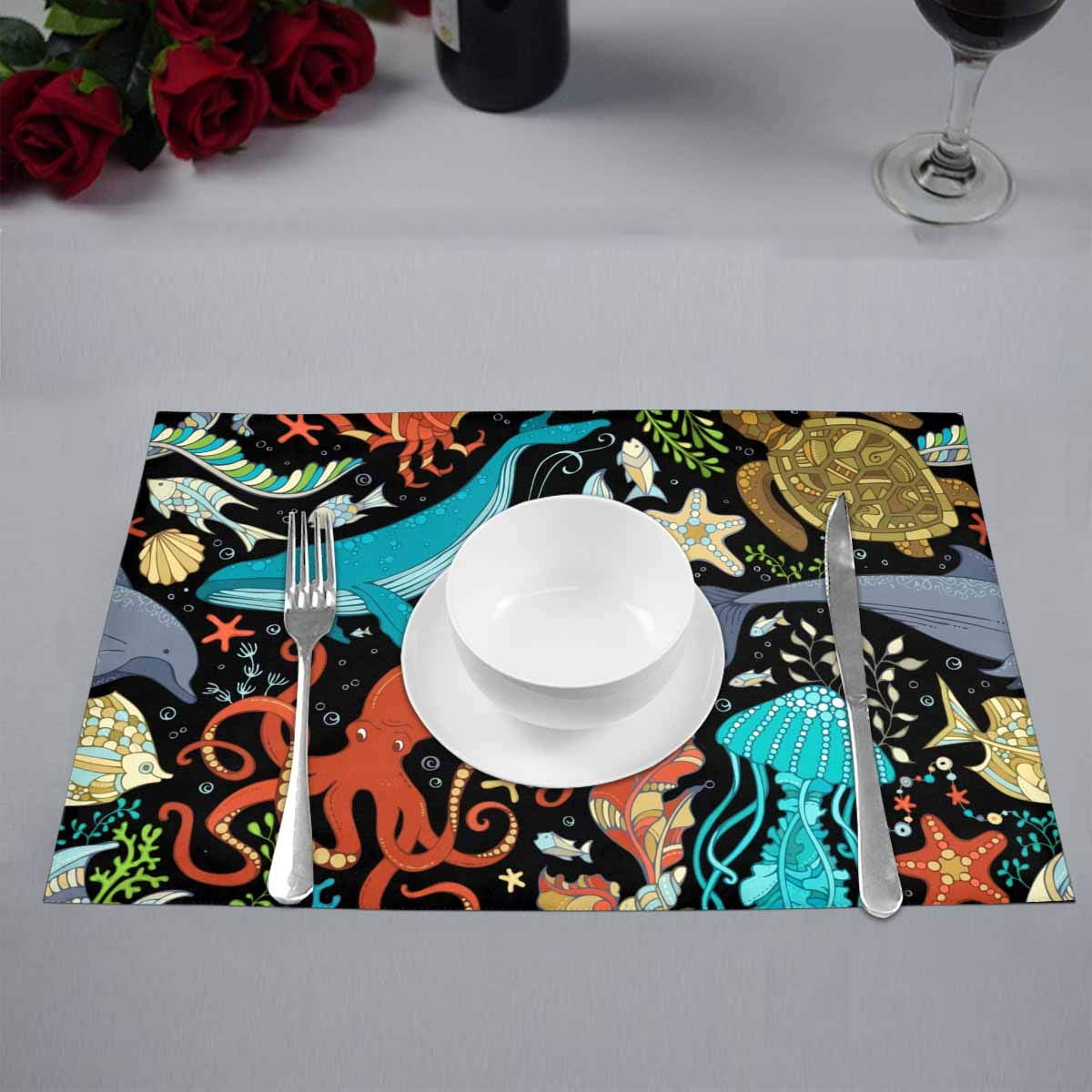 2 REVERSIBLE NON CLEAR HARD PLASTIC PLACEMATS 12"x18",SEALIFE,SEAHORSE & CRAB,CA 