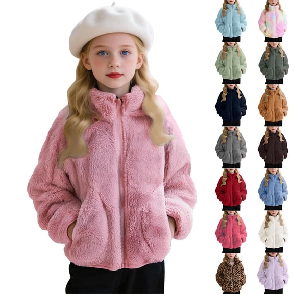 Sevevn Girls Fuzzy Fleece Zip Up Jacket Soft Plush Warm Outerwear Coat with Pockets Winter Fall Casual Sherpa Coat for Kids Toddler Pink 1 Years