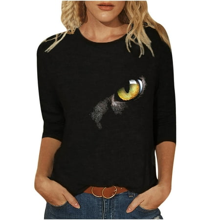 

Fashion Women Summer Loose Solid Cat Printed Long Sleeve Creawneck Blouse Tops