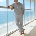 thumbnail image 5 of LEKWK Men Linen Sets Outfits 2 Piece Long Sleeve V Neck Casual Tops and Drawstring Elastic Waist Wide Leg Pants Summer Casual Beach Vacation Resort Outfits, 5 of 9