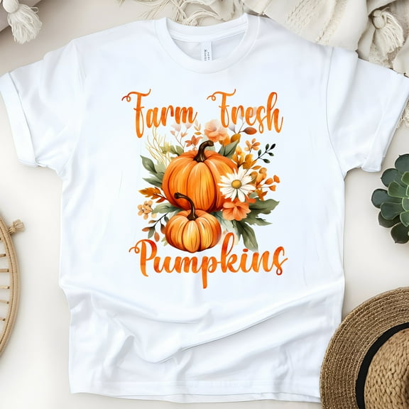 Farm Fresh Pumpkins T-Shirt | Floral Pumpkin Fall Tee | Rustic Autumn Harvest Top, White, Size S