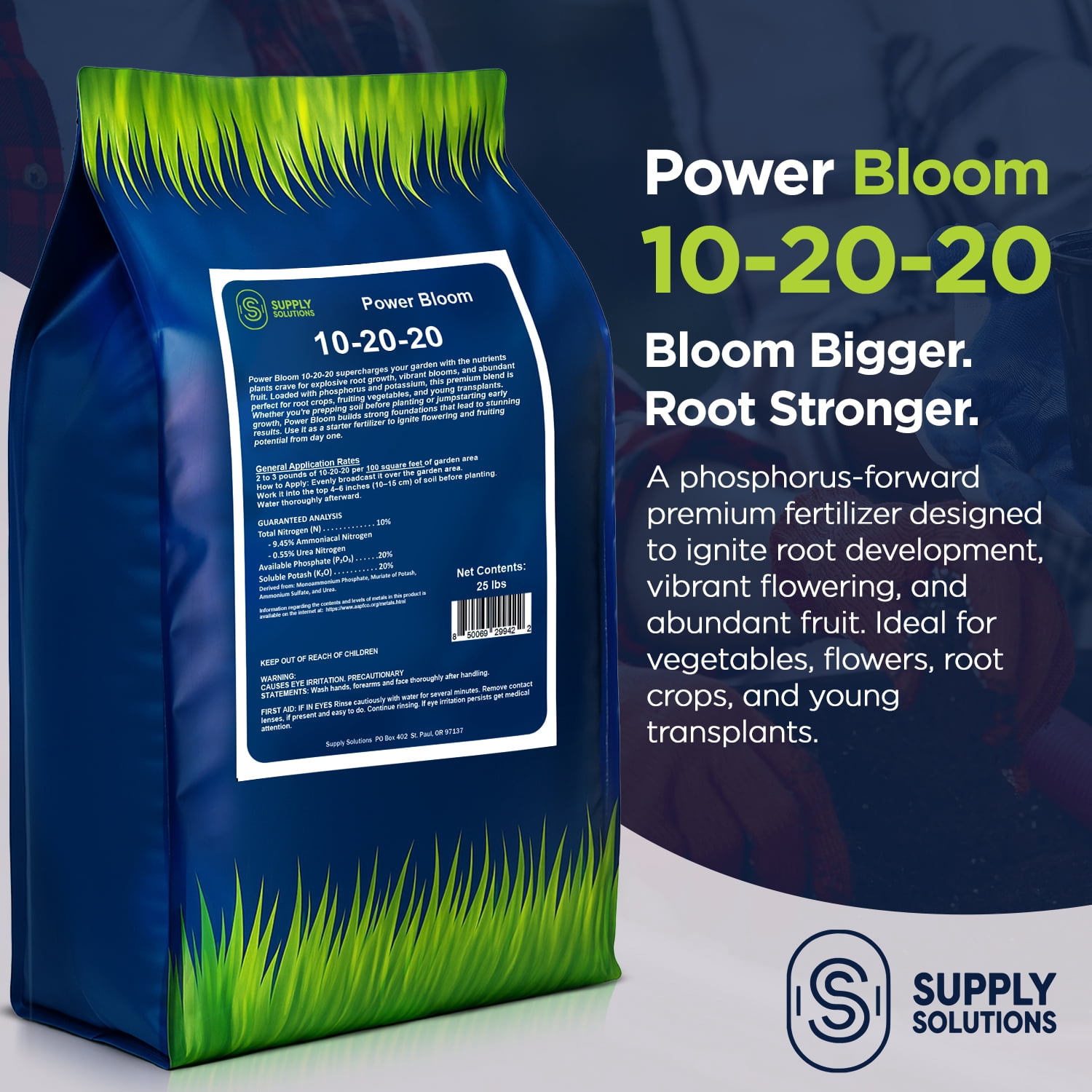 Supply Solutions | Power Bloom 10-20-20 Fertilizer | Bloom Booster Fertilizer for Flowers and Plants, High Phosphorus NPK Fertilizer for Vegetable Garden, Fruit Tree and Flower Fertilizer - 25lbs