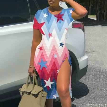

Hvyesh Summer Dresses for Women 2023 Plus Size Loose Fit Bodycon Dress 4th of July Graphic Crew Neck Sundresses Short Sleeve Bohemian Dresses Blue