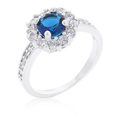 Genuine Rhodium Plated Sapphire Blue Halo Engagement Ring Featuring 2.1 Carats of Cubic Zirconia in Silvertone - Size 5