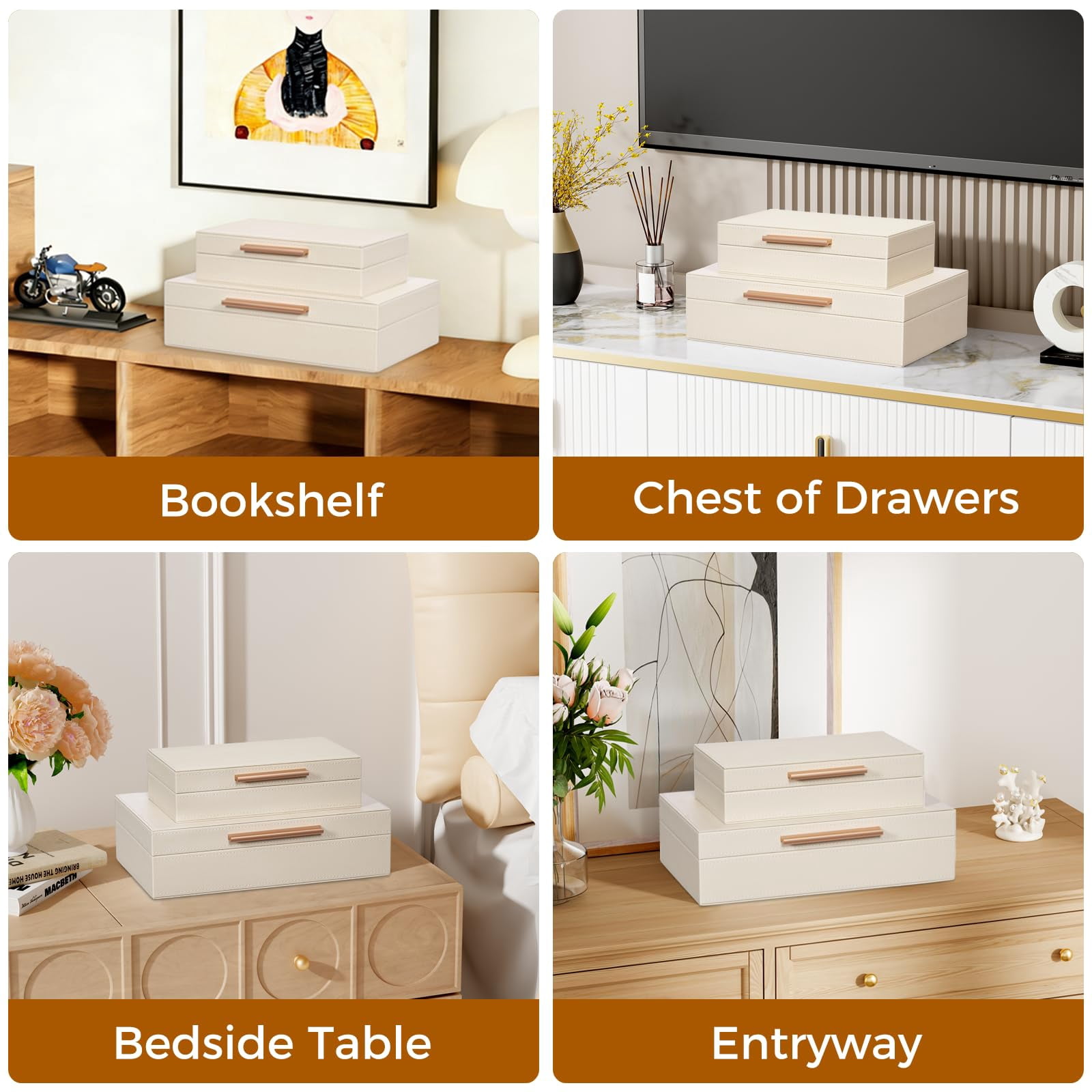 Decorative Boxes With Lids 2-set  Memory Box For Keepsakes Saving Space Beautiful Pu Leather Keepsake Storage Metal Handles Store Photos Documents White