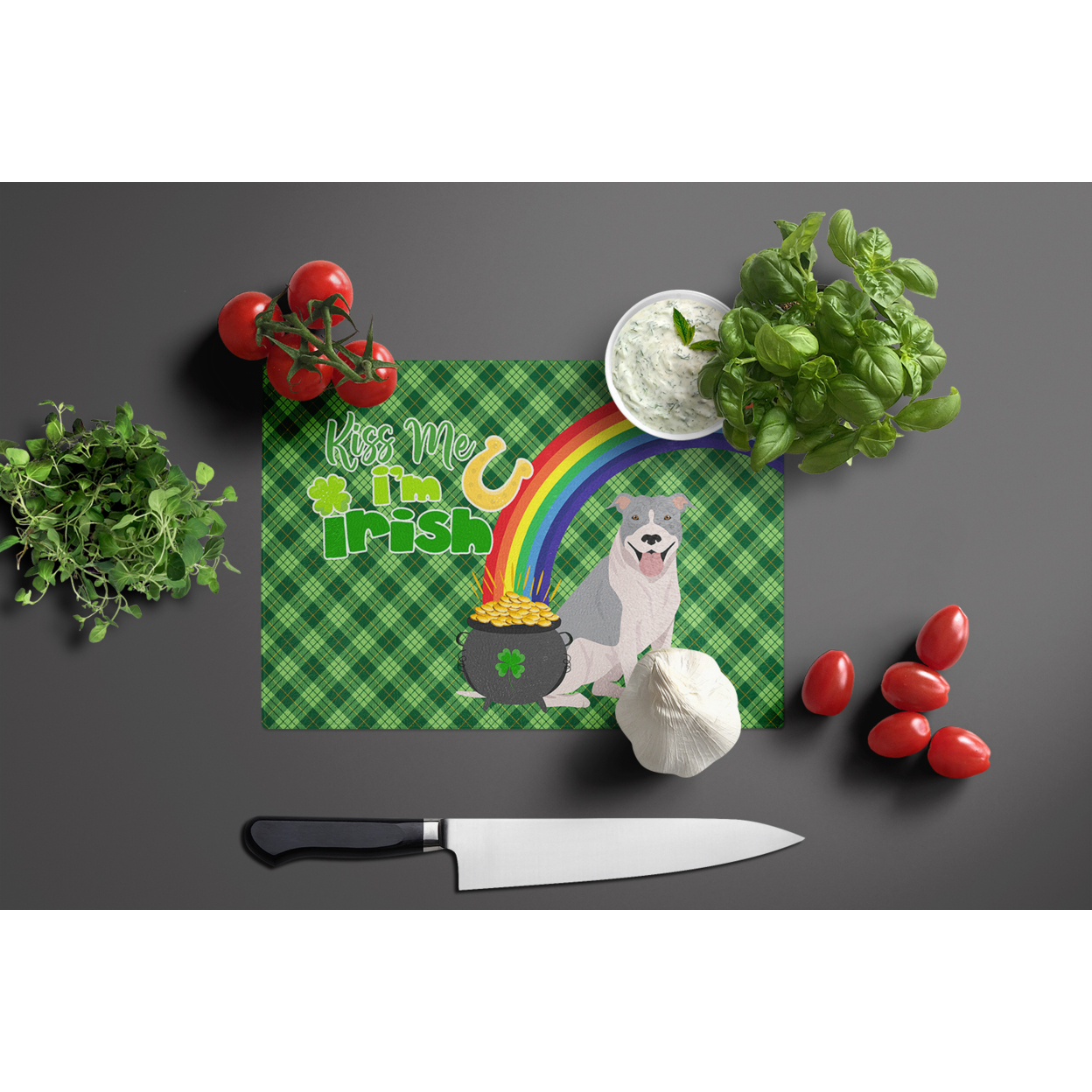 Blue and White Pit Bull Terrier St. Patrick's Day Glass Cutting Board Large 12 in x 15 in