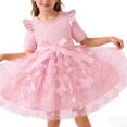 thumbnail image 3 of DISKEBUISS Kids' Dresses - Crew Neck Short Sleeve Ruffle Waist with Bow Mesh Dress for Home Parties & Everyday Wear, 3 of 7